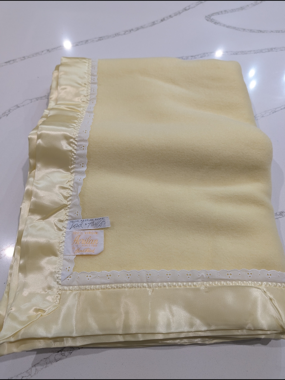 Vintage Lord & Taylor Baby Blanket Yellow Satin Trim Eyelet Acrylic Nursery Soft
